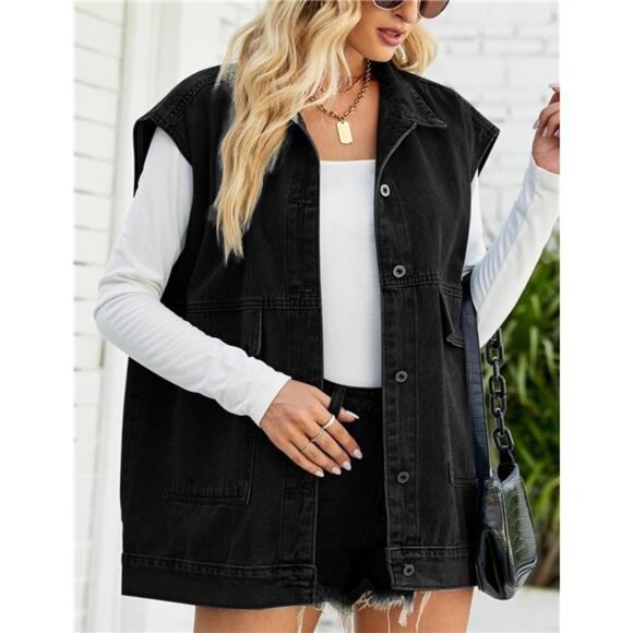 New Women's Cropped Distressed Denim Vest - Ripped Sleeveless Jean Jacket with - Picture 5 of 6